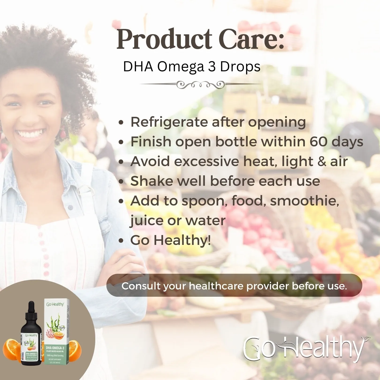DHA Omega 3 Drops- Vegan Kids, Toddler & Adults Fish Oil Alternative, Organic Orange Flavor - 2 FL. OZ Bottle