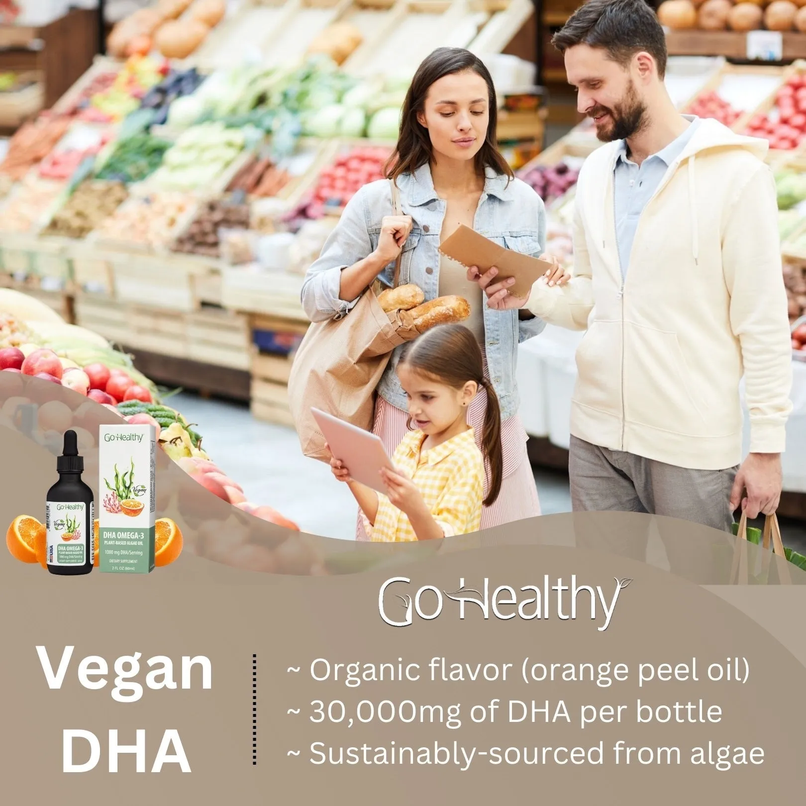 DHA Omega 3 Drops- Vegan Kids, Toddler & Adults Fish Oil Alternative, Organic Orange Flavor - 2 FL. OZ Bottle