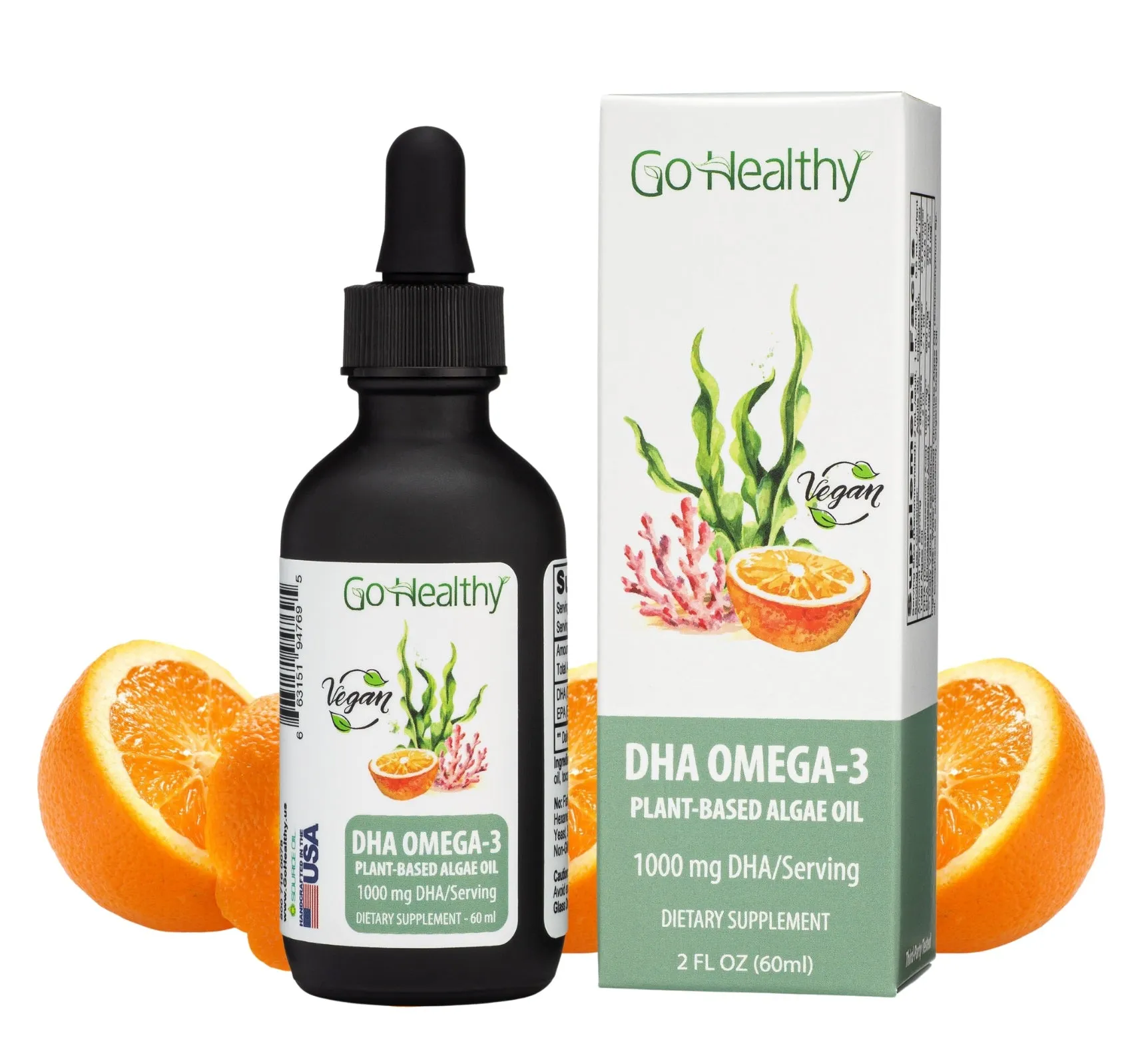 DHA Omega 3 Drops- Vegan Kids, Toddler & Adults Fish Oil Alternative, Organic Orange Flavor - 2 FL. OZ Bottle