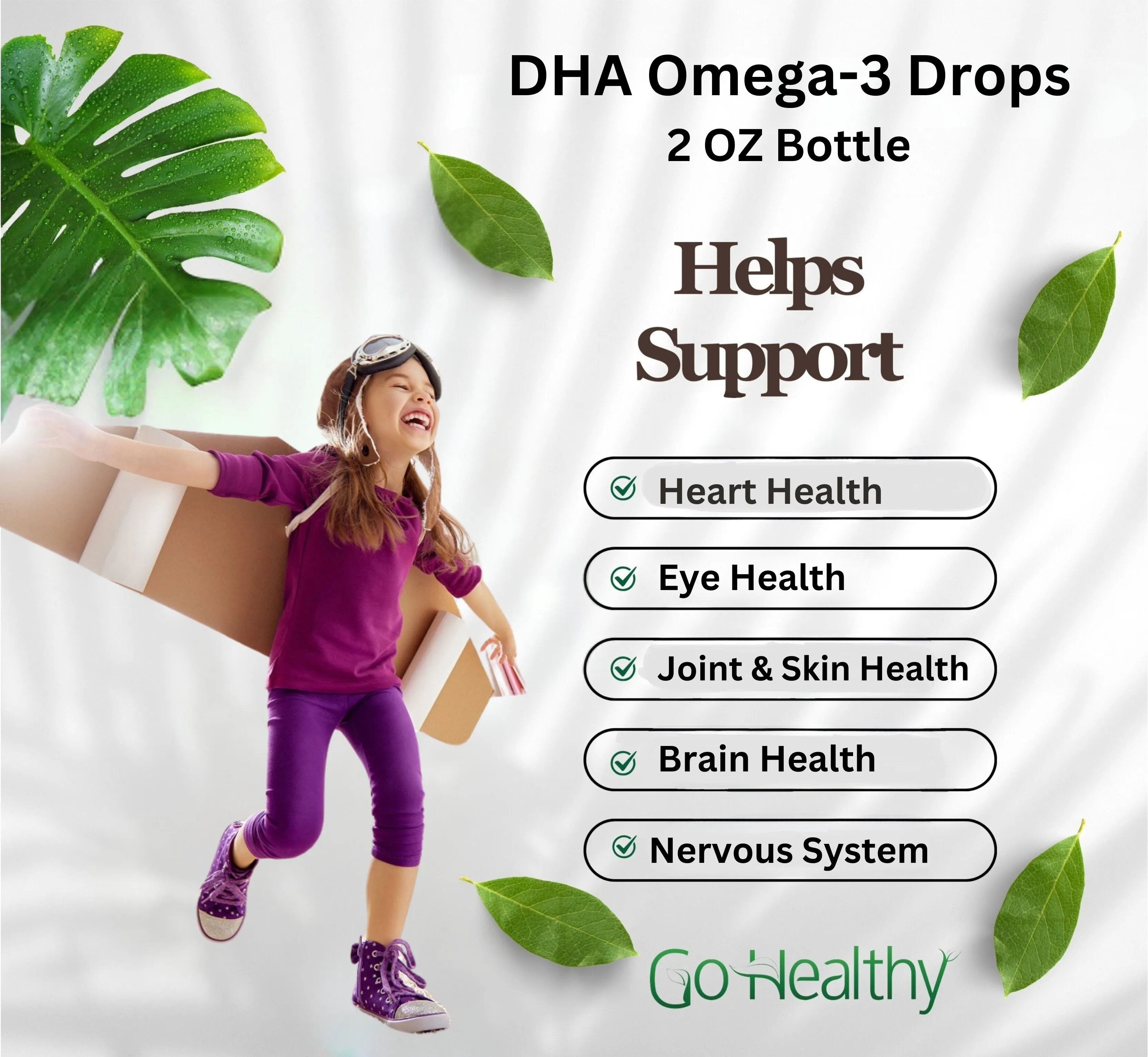 DHA Omega 3 Drops- Vegan Kids, Toddler & Adults Fish Oil Alternative, Organic Orange Flavor - 2 FL. OZ Bottle