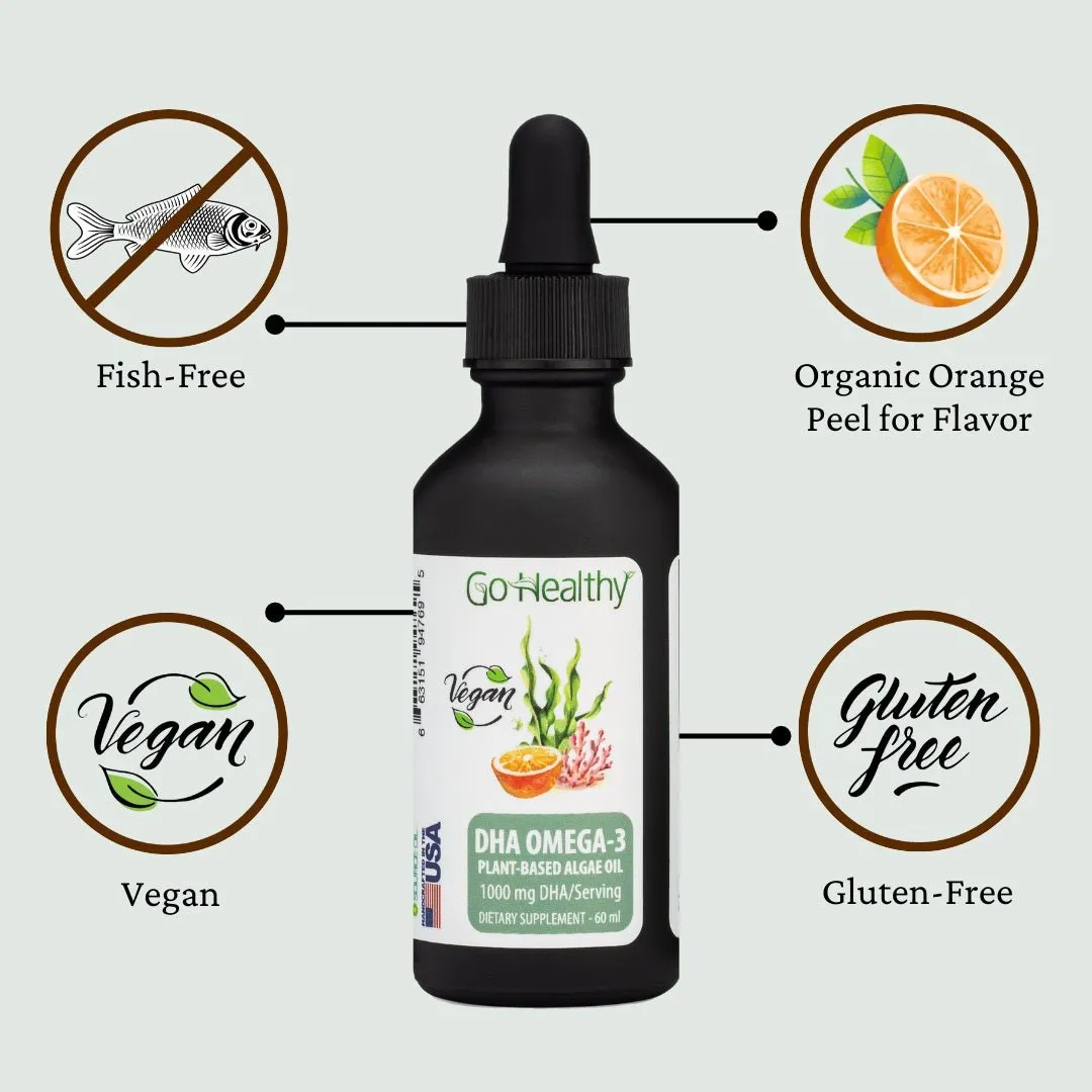 DHA Omega 3 Drops- Vegan Kids, Toddler & Adults Fish Oil Alternative, Organic Orange Flavor - 2 FL. OZ Bottle