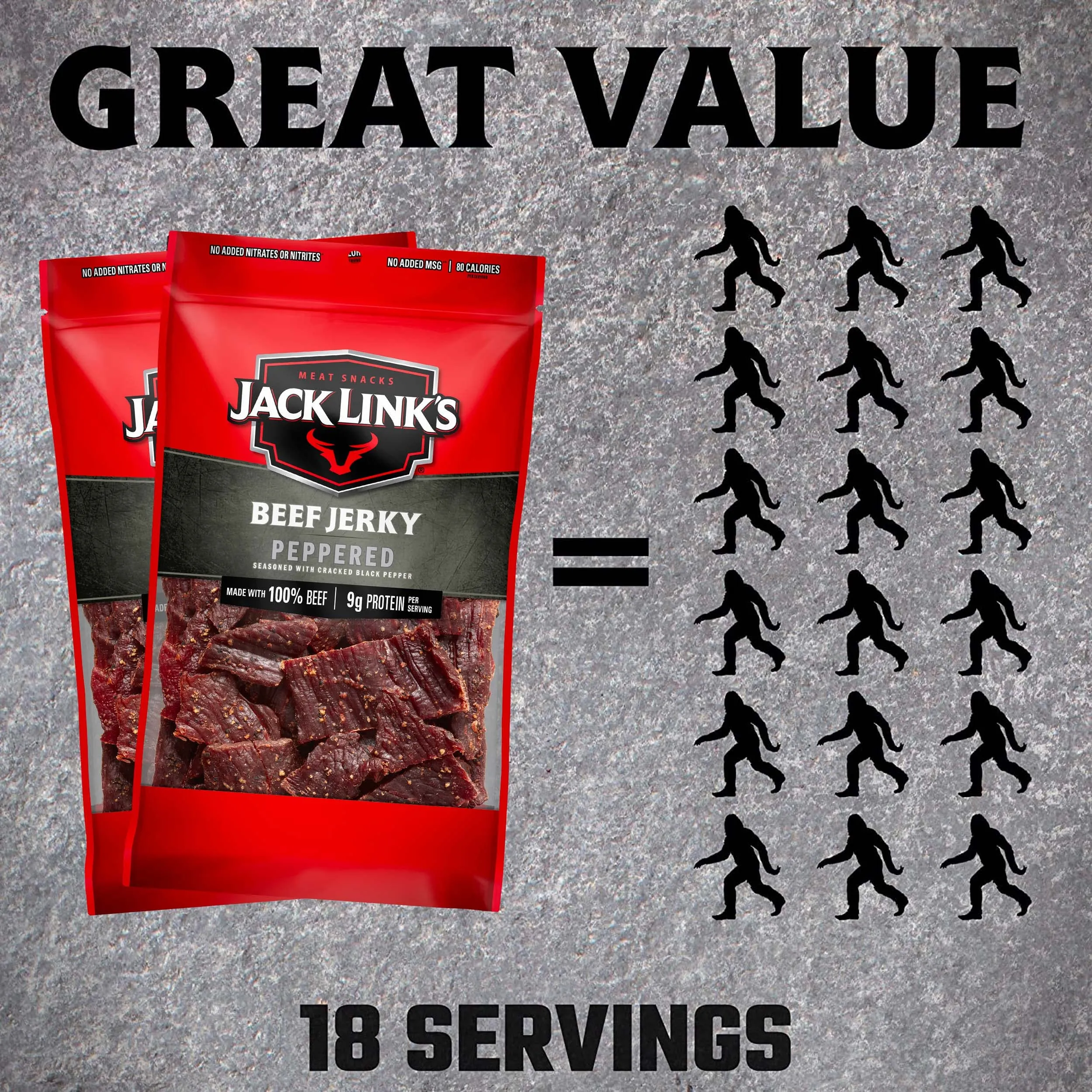 Jack Link's Beef Jerky, Peppered, Large Jerky Bags  Flavorful Meat Snacks, Ready to Eat Protein Snacks with 9g of Protein, Made with 100% Beef, Keto, Paleo & Carnivore Diet Ready  9 Oz. (Pack of 2)