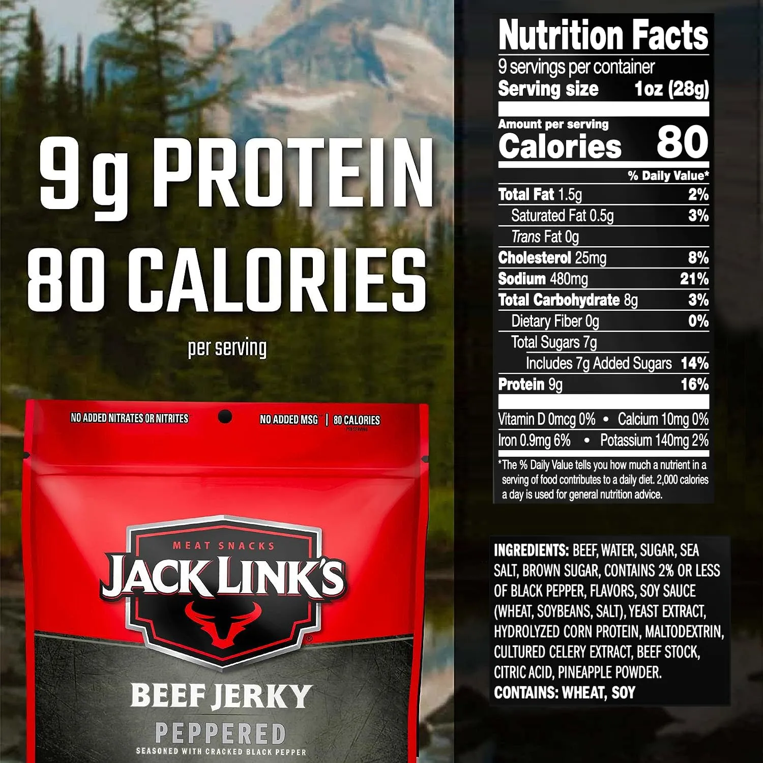 Jack Link's Beef Jerky, Peppered, Large Jerky Bags  Flavorful Meat Snacks, Ready to Eat Protein Snacks with 9g of Protein, Made with 100% Beef, Keto, Paleo & Carnivore Diet Ready  9 Oz. (Pack of 2)