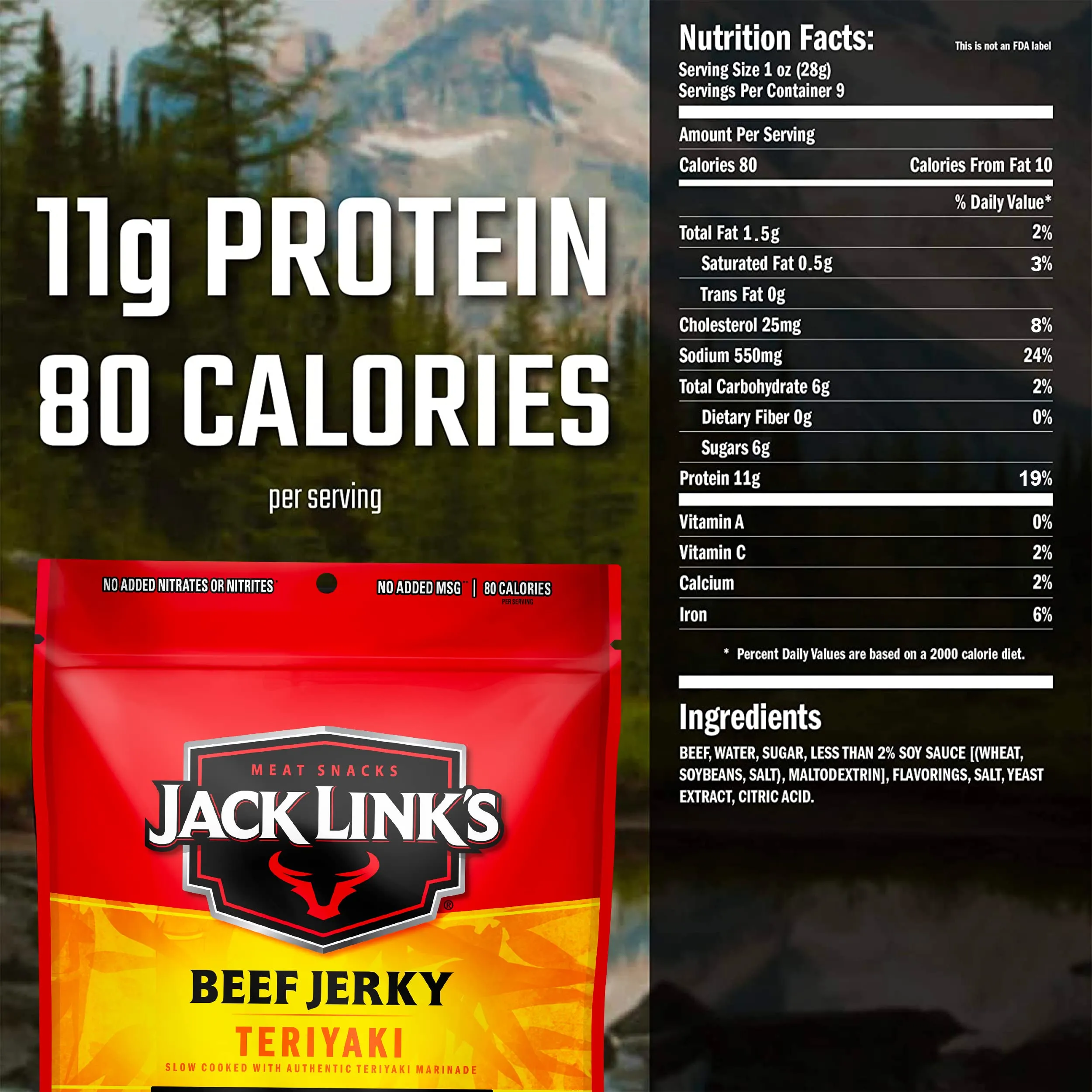 Jack Link's Beef Jerky, Teriyaki, Large Jerky Bags  Flavorful Meat Snacks, Ready to Eat Protein Snacks with 11g of Protein, Made with 100% Beef, Keto, Paleo & Carnivore Diet Ready  9 Oz. (Pack of 2)