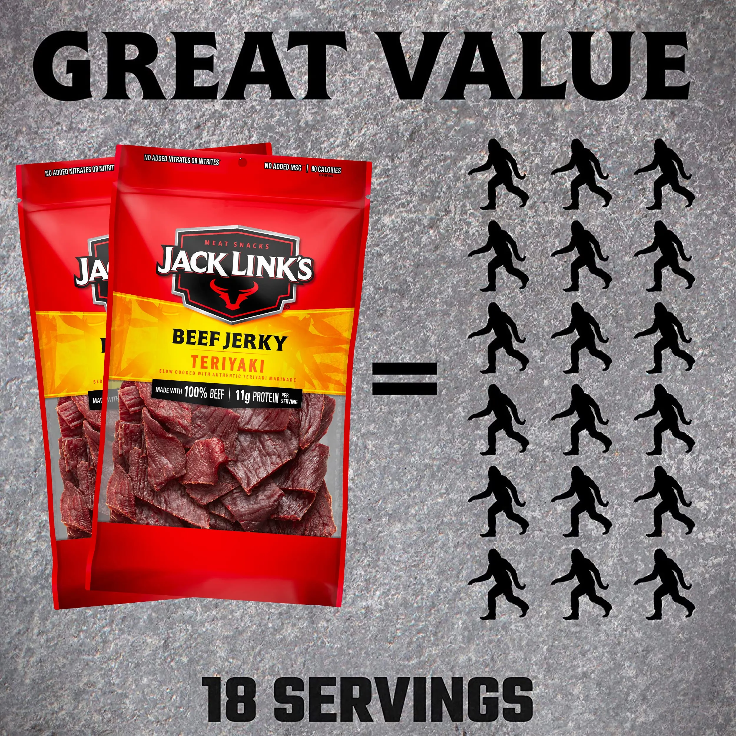 Jack Link's Beef Jerky, Teriyaki, Large Jerky Bags  Flavorful Meat Snacks, Ready to Eat Protein Snacks with 11g of Protein, Made with 100% Beef, Keto, Paleo & Carnivore Diet Ready  9 Oz. (Pack of 2)