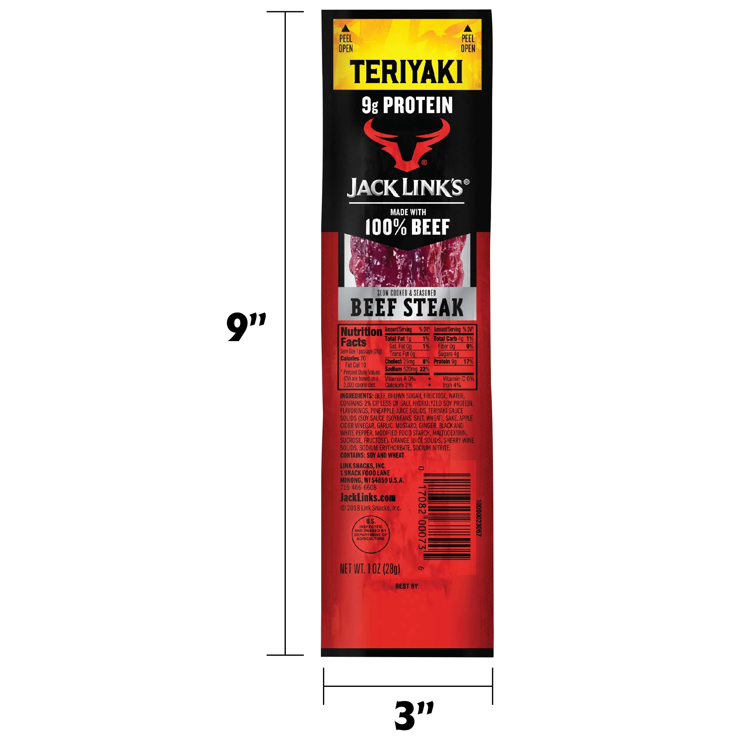 Jack Link's Beef Steak, Teriyaki  Protein Snacks, Meat Snack with 9g of Protein, Made with 100% Beef, Individually Wrapped Bulk Snack Pack, Keto Friendly  1 Oz. (12 Count)