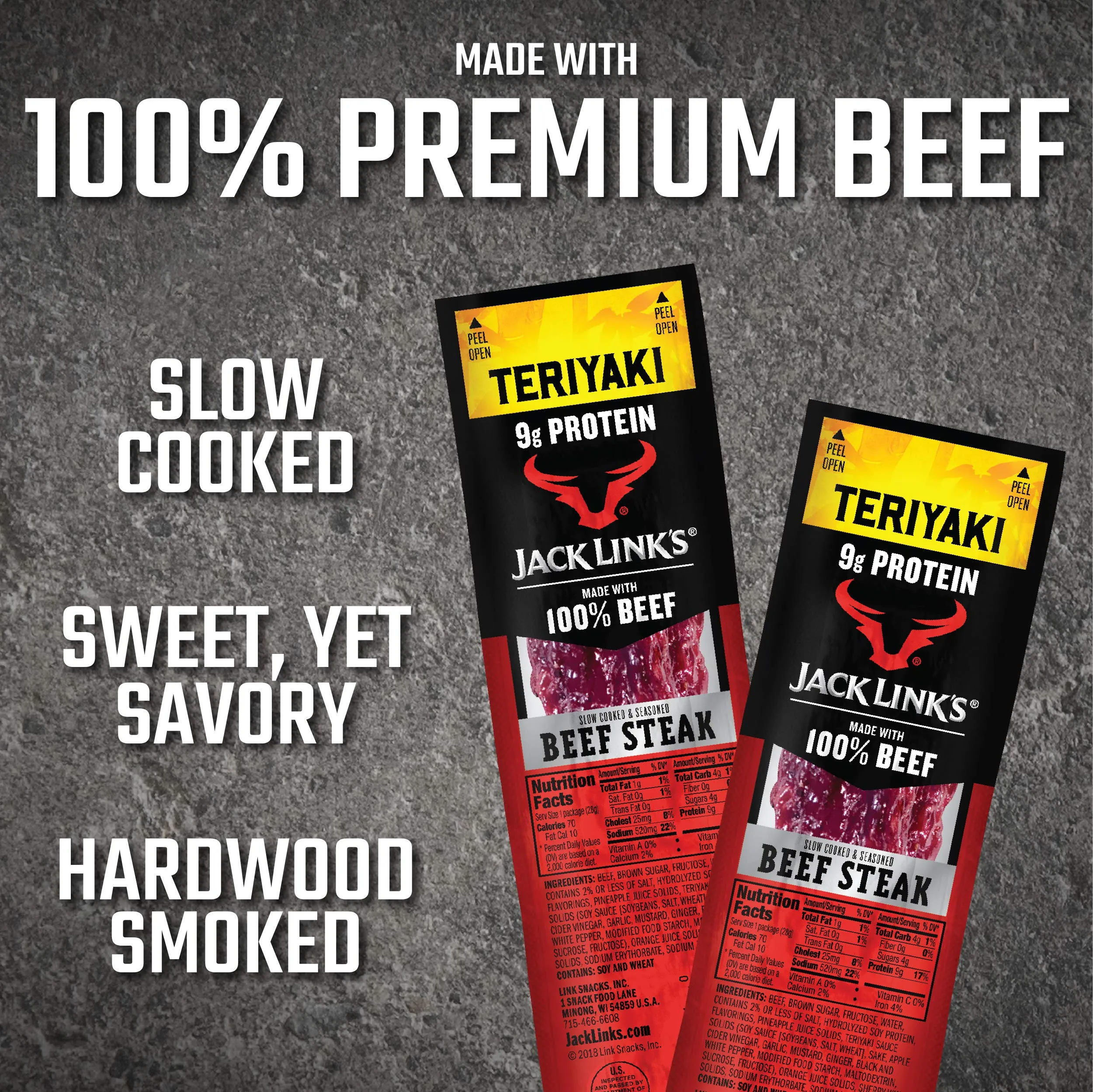Jack Link's Beef Steak, Teriyaki  Protein Snacks, Meat Snack with 9g of Protein, Made with 100% Beef, Individually Wrapped Bulk Snack Pack, Keto Friendly  1 Oz. (12 Count)
